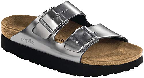 Birkenstock Women's Papillio Arizona Platform Sandal Metallic Silver Leather Narrow