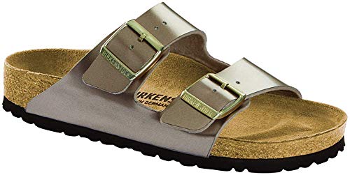 Birkenstock Women's, Arizona N fit Birkoflor Slide Sandals Taupe Metallic
