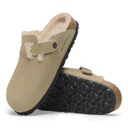Birkenstock Boston Shearling clog in Taupe suede, angled view showing the EVA outsole tread