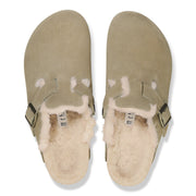 Birkenstock Boston Shearling clog in Taupe suede, top-down view of the pair showing the shearling lining
