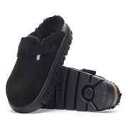 Birkenstock Boston Chunky Shearling Platform Clog — Black, sole view