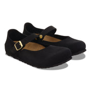 Birkenstock Mantova Mary Jane ballet flat in black suede, three-quarter view of the pair
