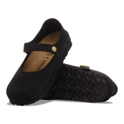 Birkenstock Mantova ballet flat in black suede, angled view showing the black EVA outsole tread