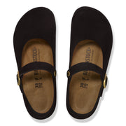 Birkenstock Mantova ballet flat in black suede, top-down view of the pair showing the cork-lined footbed