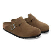 Birkenstock Boston clog in Dark Tea Brown suede, three-quarter view of the pair