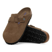 Birkenstock Boston clog in Dark Tea Brown suede, angled view showing the EVA outsole tread