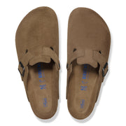 Birkenstock Boston clog in Dark Tea Brown suede, top-down view of the pair showing the Soft Footbed