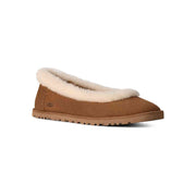 UGG Women's Zora Ballet Flat in Chestnut, front three-quarter view showing the cream sheepskin collar and suede upper
