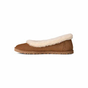UGG Women's Zora Ballet Flat in Chestnut, inside side profile showing the sheepskin collar and low-profile lug sole