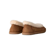 UGG Women's Zora Ballet Flat in Chestnut, rear three-quarter view of the pair with the UGG logo on the heel
