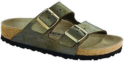 Birkenstock Women's Arizona Sandal Washed Metallic Stone Gold Narrow