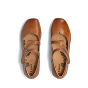 Taos Women's Banter flat in caramel, top-down view of the pair showing the cushioned footbed