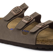Close-up of the copper buckles and Mocha Birkibuc straps on the Birkenstock Florida sandal