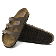 Birkenstock Florida sandal in Mocha Birkibuc, angled view showing the EVA outsole tread