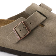 Close-up of the copper buckle and Taupe suede strap on the Birkenstock Boston clog