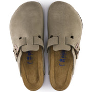 Birkenstock Boston clog in Taupe suede, top-down view of both shoes showing the suede-lined footbed