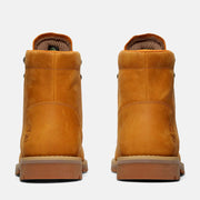 Timberland Men's Redwood Falls Waterproof Moc-Toe Boot in Wheat, rear view of the pair showing the orange collar trim