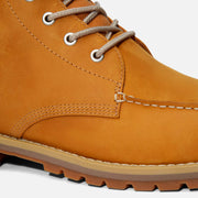 Timberland Men's Redwood Falls Waterproof Moc-Toe Boot in Wheat, close-up of the moc-toe stitching and eyelets