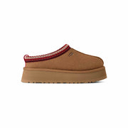 UGG Women's Tazz II Slipper in Chestnut suede, side profile facing right, showing the 1.75-inch sugarcane EVA platform sole and red UGGbraid collar