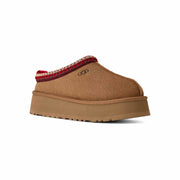 UGG Women's Tazz II Slipper in Chestnut suede, three-quarter front view facing right, embossed UGG logo on the upper