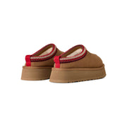 UGG Women's Tazz II Slipper in Chestnut, rear view of the pair showing red heel pull tabs and UGGbraid collars
