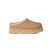 UGG Women's Tazz II Slipper in Sand suede, side profile facing right, platform sole with pale blue and cream UGGbraid collar