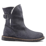 Birkenstock Unisex Uppsala Shearling Boot in Graphite suede, side view with buckle strap