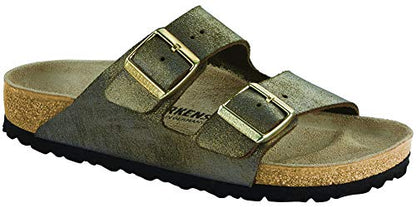 Birkenstock Women's Arizona Sandal Washed Metallic Stone Gold Narrow