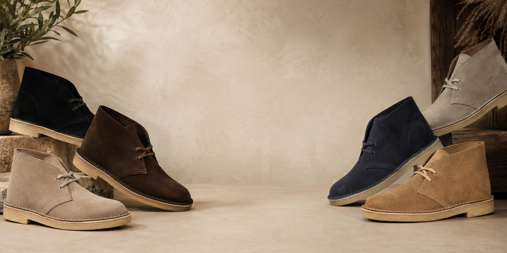 Model wearing classic Clarks suede boots