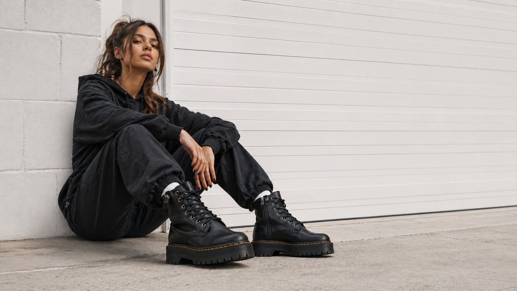 Model in dark streetwear wearing chunky black Dr. Martens combat boots