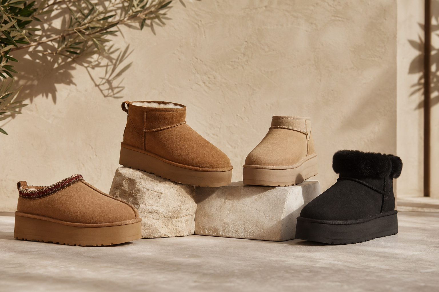 UGG boots arranged in a warm editorial studio setup