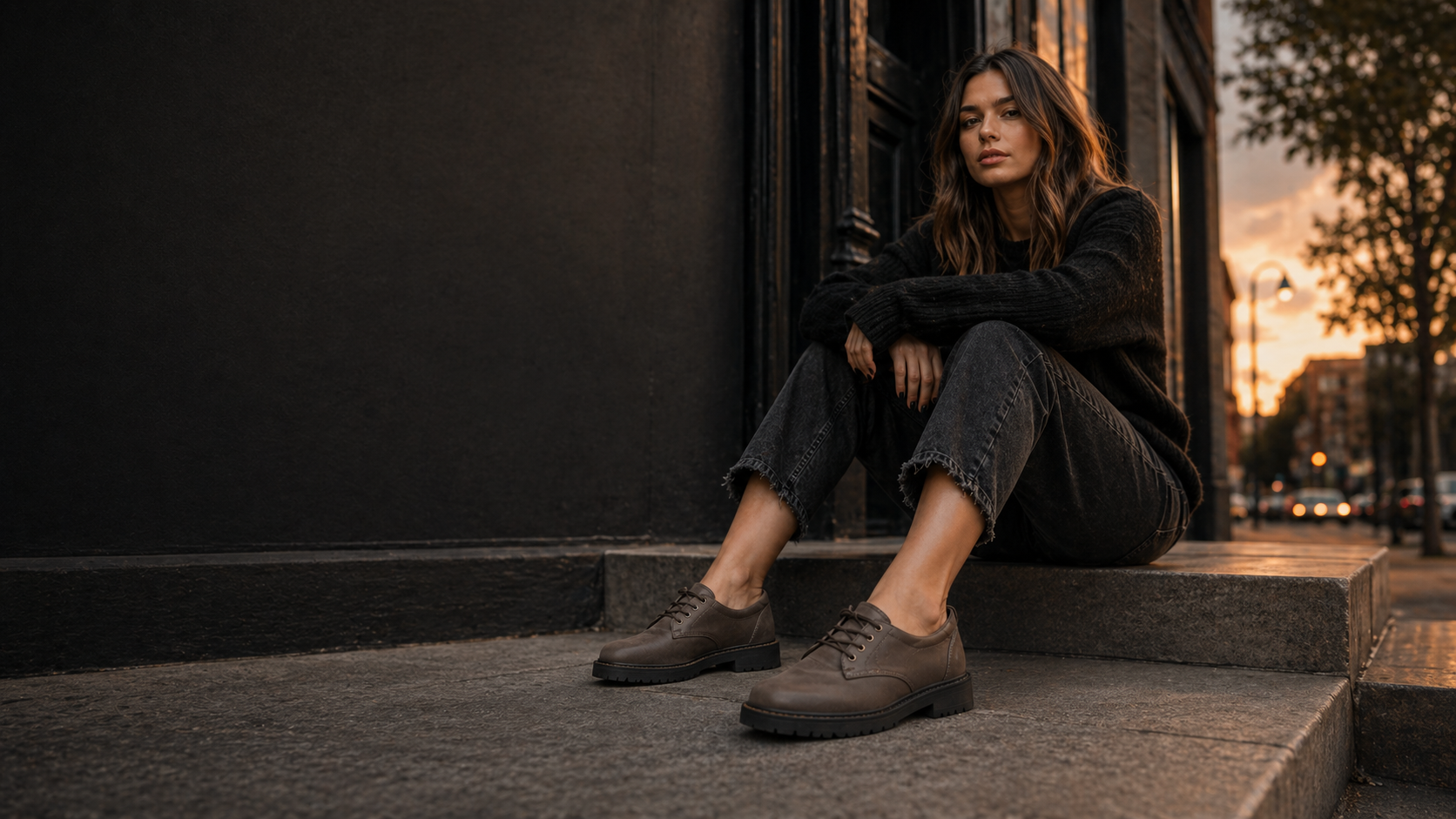 Low-angle shot of a model wearing Taos comfort shoes with the footwear in sharp focus