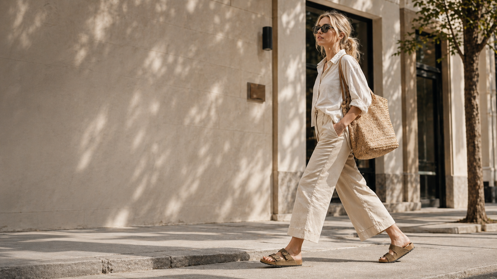 Model wearing cork-footbed Birkenstock sandals outdoors