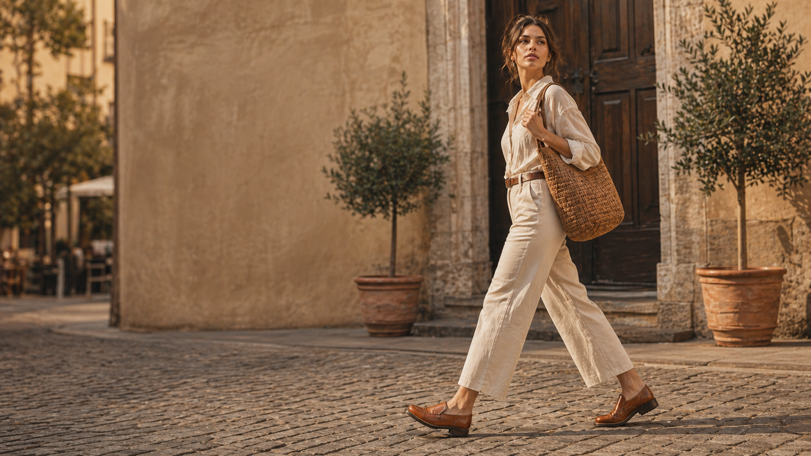 Model walking through a warm European street wearing Pikolinos artisan leather shoes