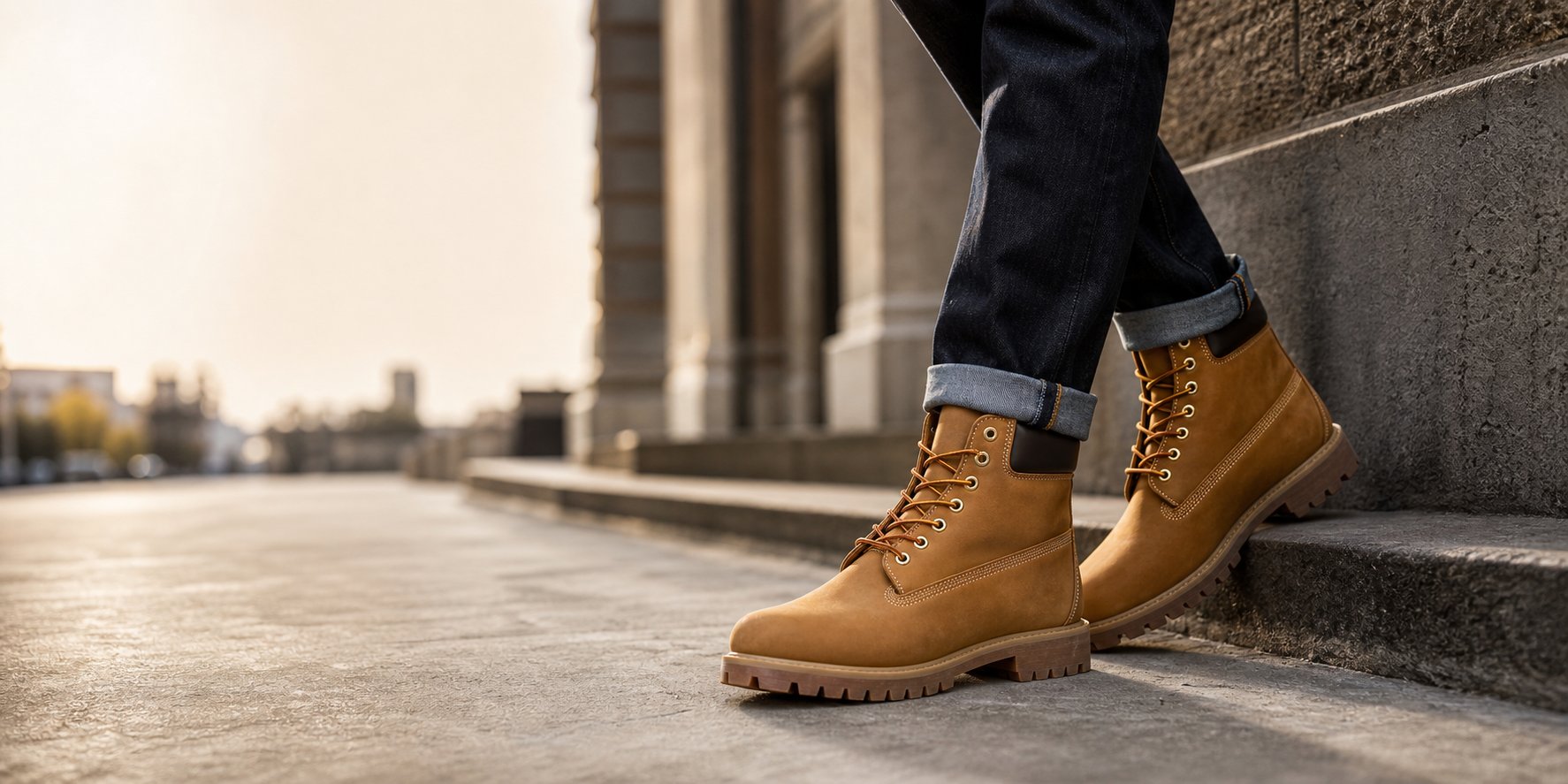 Tan leather work boots styled with dark denim on city steps